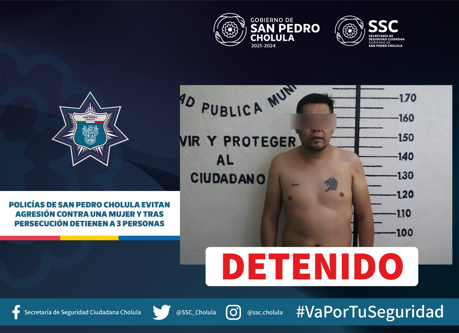 Policías de San Pedro Cholula evitan agresión contra una mujer y tras persecución detienen a 3 personas