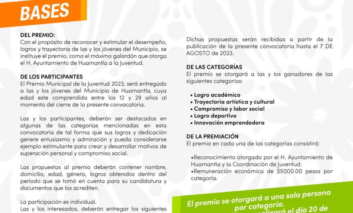 Convoca Huamantla al Premio Municipal de la Juventud 2023