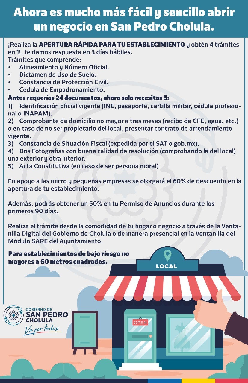 San Pedro Cholula ya cuenta con apertura rápida de establecimientos en favor de micro y pequeñas empresas
