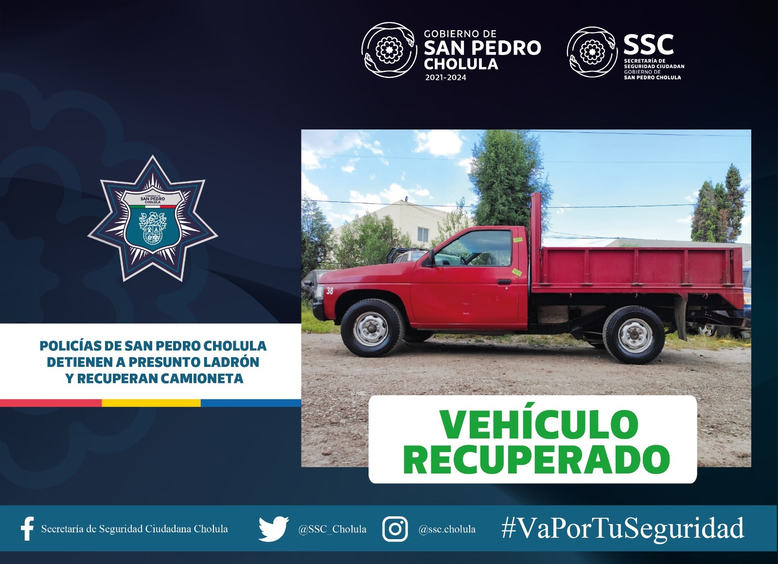 Policías de San Pedro Cholula detienen a presunto ladrón y recuperan camioneta