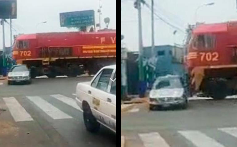 "Por poco muere": Captan a taxista imprudente que logra ganarle el paso a tren (Vídeo)