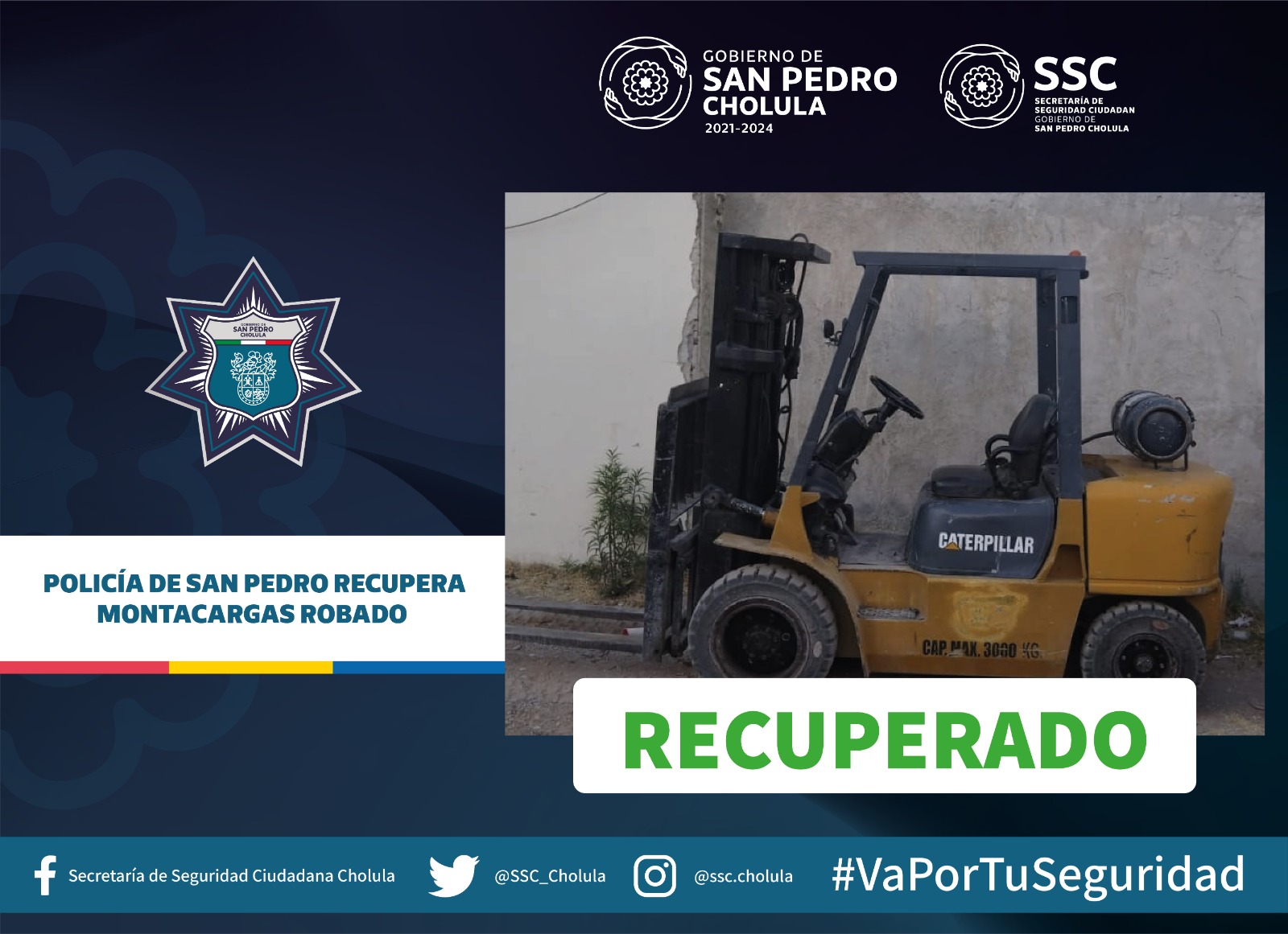 Policía de San Pedro recupera montacargas robado