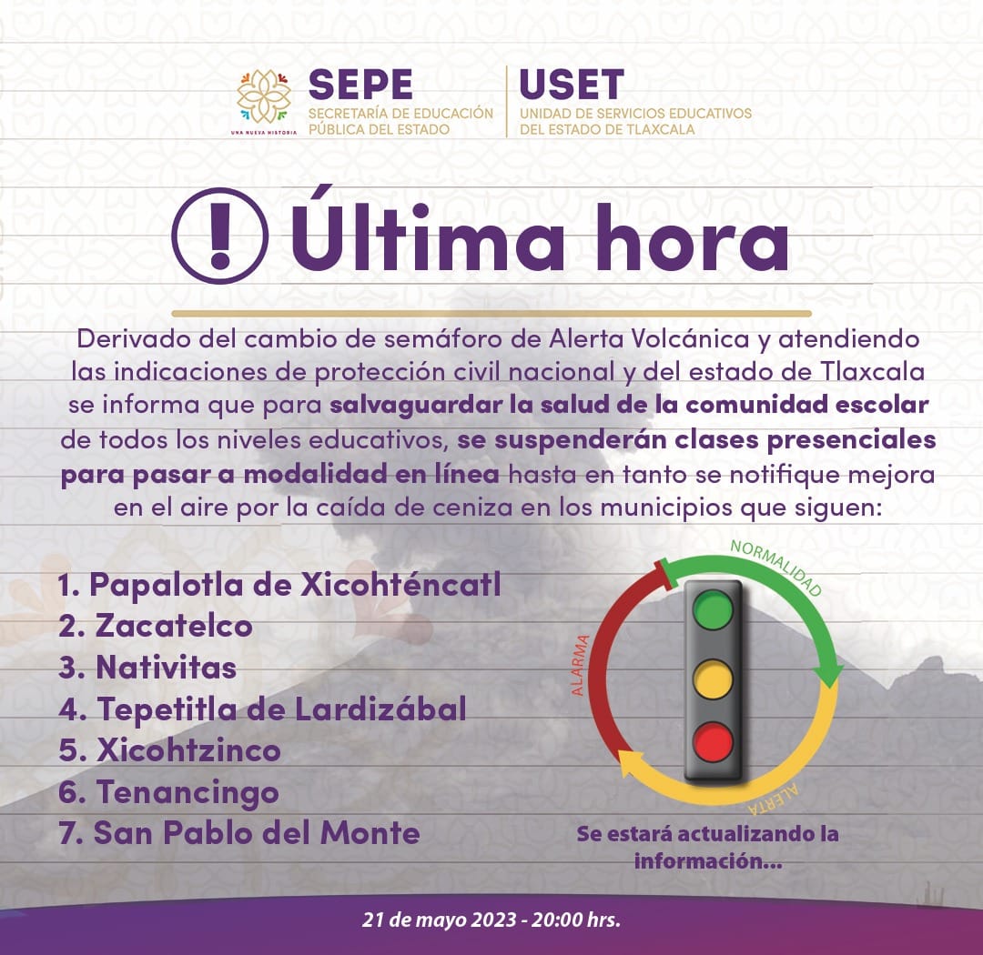 Suspenden clases presenciales en siete municipios de Tlaxcala