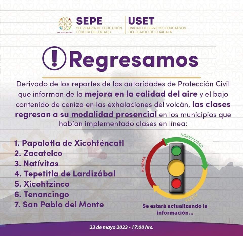 Retornarán a clases presenciales los siete municipios de Tlaxcala suspendidos por la SEPE