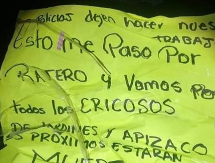 Amenazan a delincuentes y consumidores de drogas en Apizaco