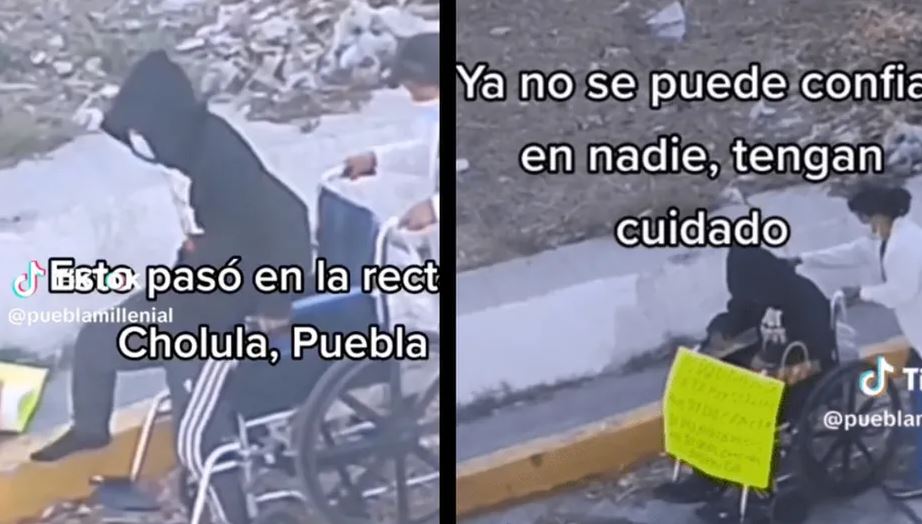 "Que poca m...": Pareja finge discapacidad para pedir limosna en Puebla; vecina los exhibe (Vídeo)