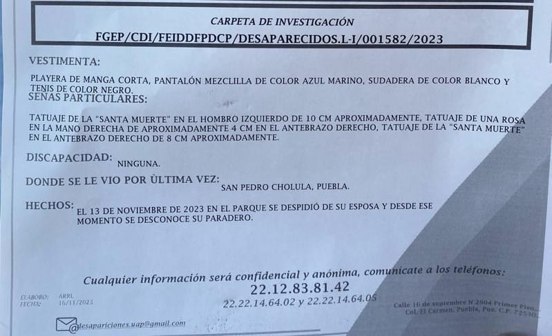 Faustino González se despide en el parque de San Pedro Cholula de su esposa, no lo han vuelto a ver