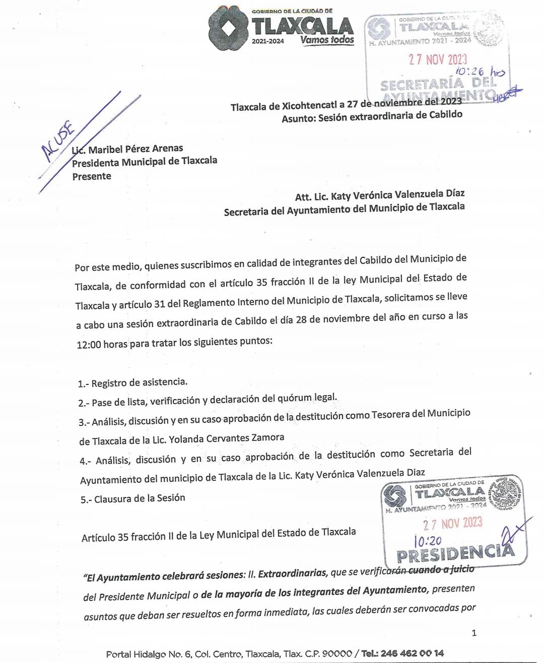  Pide cabildo de Tlaxcala destitución de tesorera y secretaria