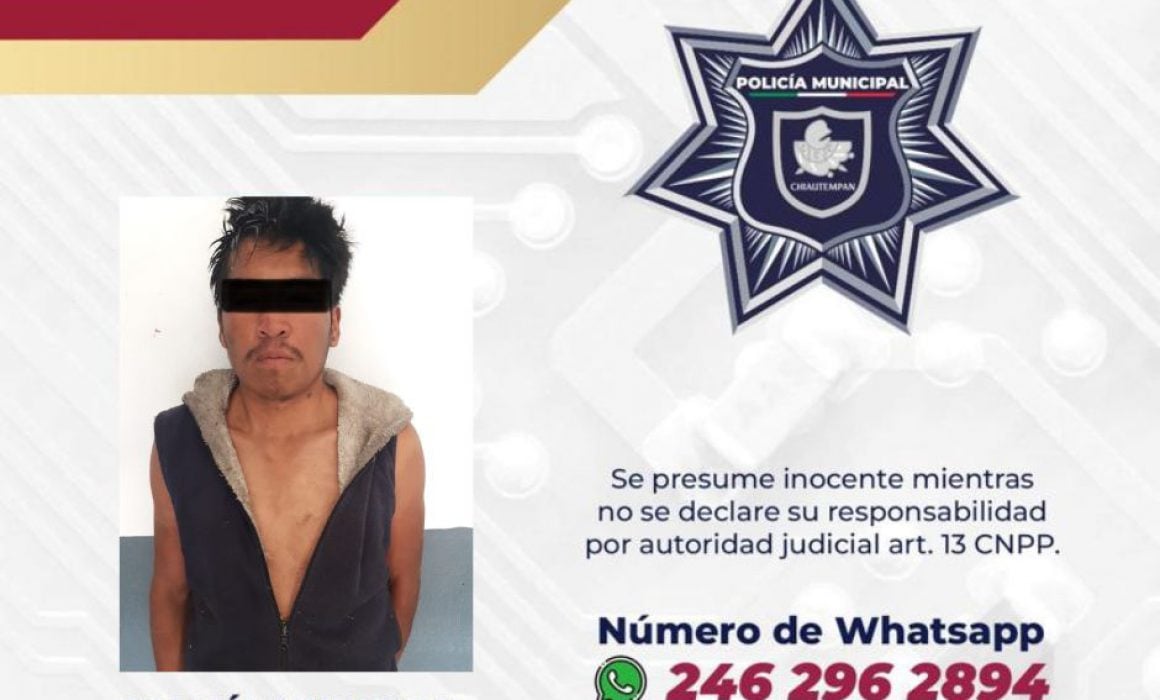 Detiene Policía de Chiautempan a masculino por probable hecho de delito