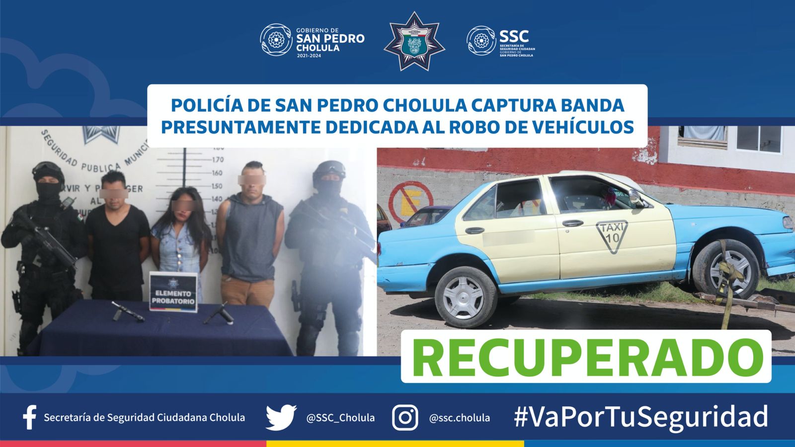Policía de San Pedro Cholula captura banda presuntamente dedicada al robo de vehículos 