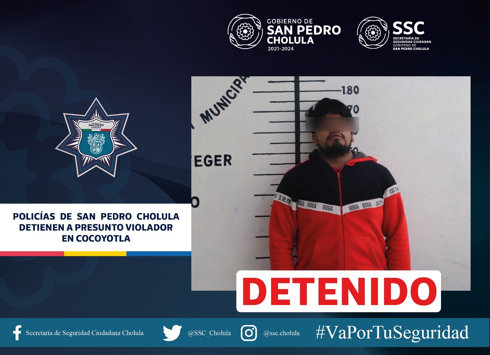 Policías de San Pedro Cholula detienen a presunto violador, en Cocoyotla