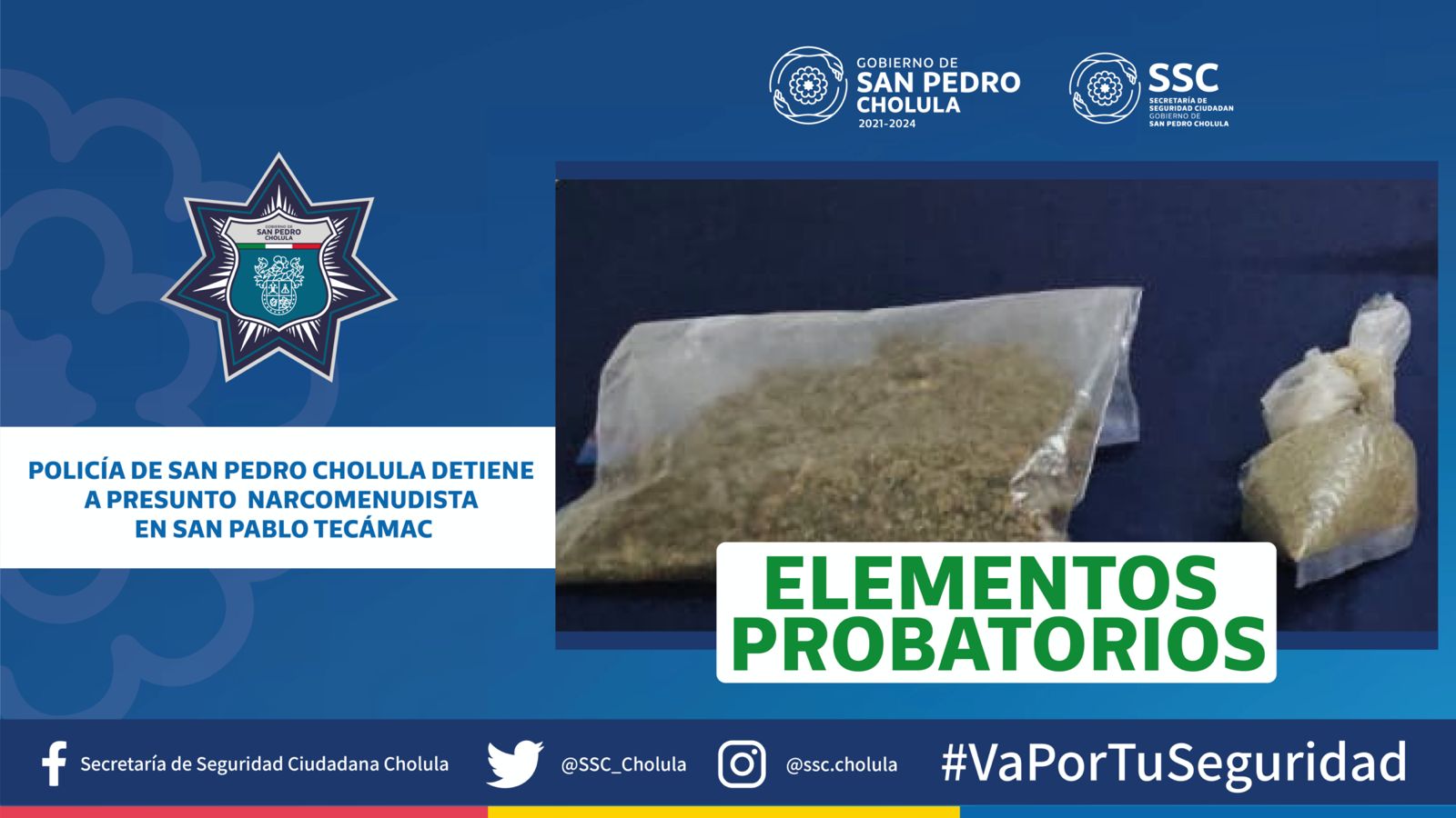 Policía de San Pedro Cholula detiene a presunto narcomenudista en San Pablo Tecámac