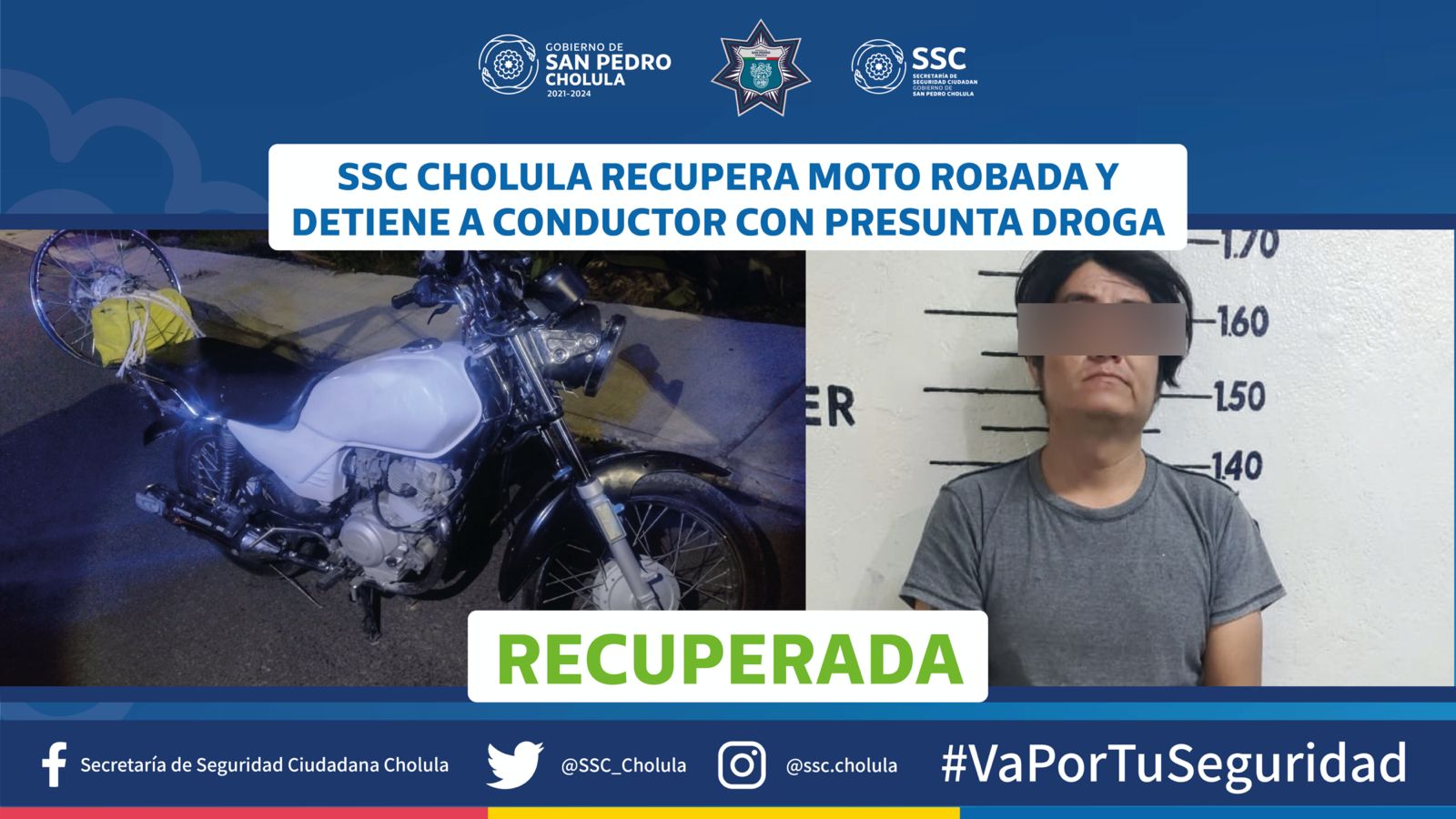 SSC Cholula recupera moto robada y detiene a conductor con presunta droga 