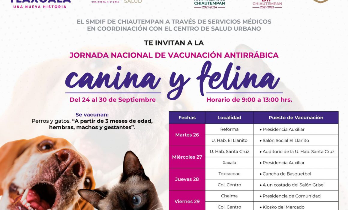 Invita Chiautempan a Jornada de vacunación antirrábica canina y felina