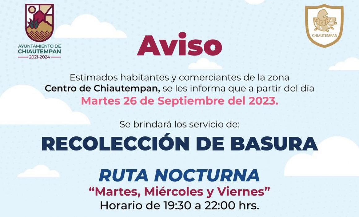 Inicia Chiautempan ruta nocturna de recolección de basura en el centro