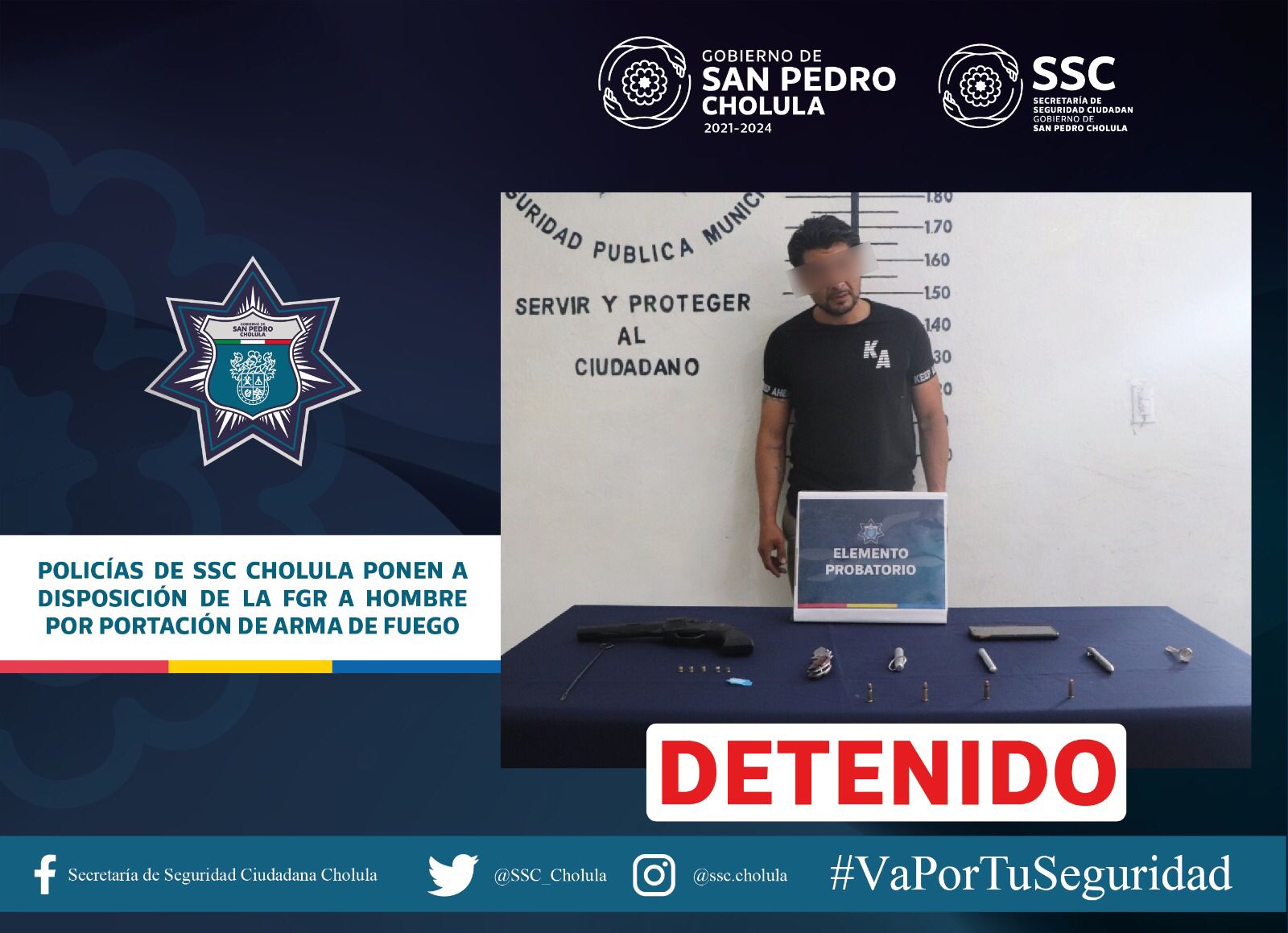 Policías de SSC Cholula ponen a disposición de la FGR a hombre por portación de arma de fuego 