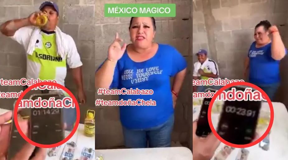 "Doña Chela" vence a albañil en reto de beber licor de caña por 5 mil pesos (Vídeo)