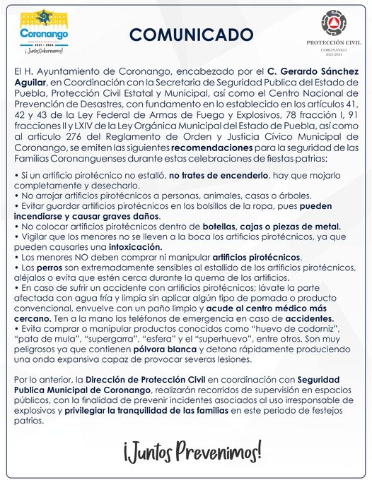 Ayuntamiento emite recomendaciones a coronanguenses a fin de evitar accidentes en los festejos patrios