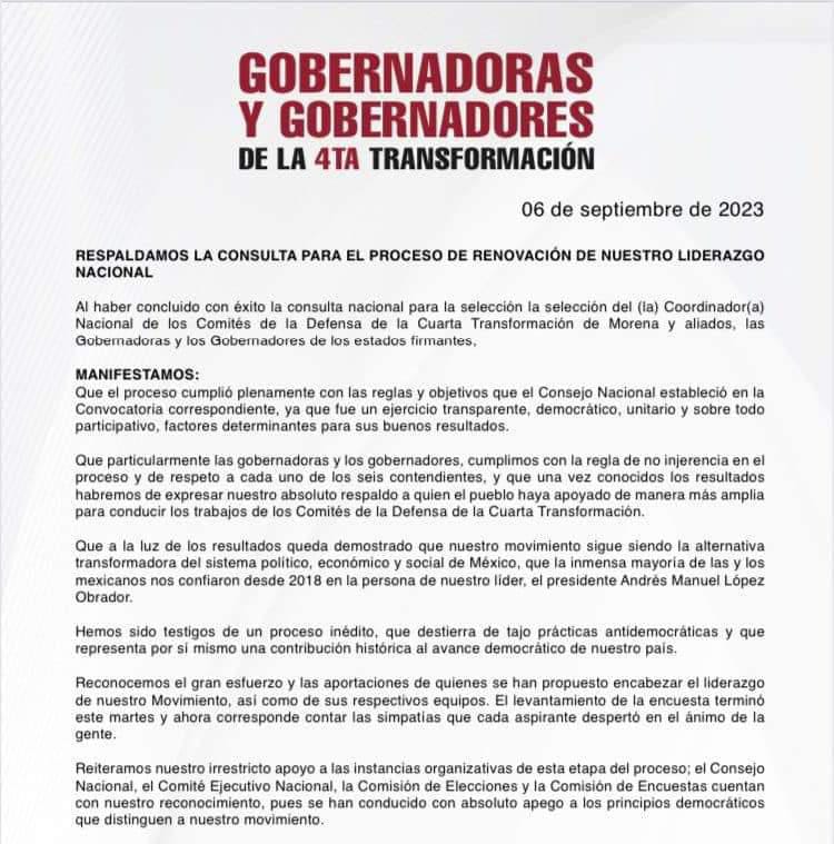 Prometen Gobernadores de Morena respaldar a ganador de contienda interna