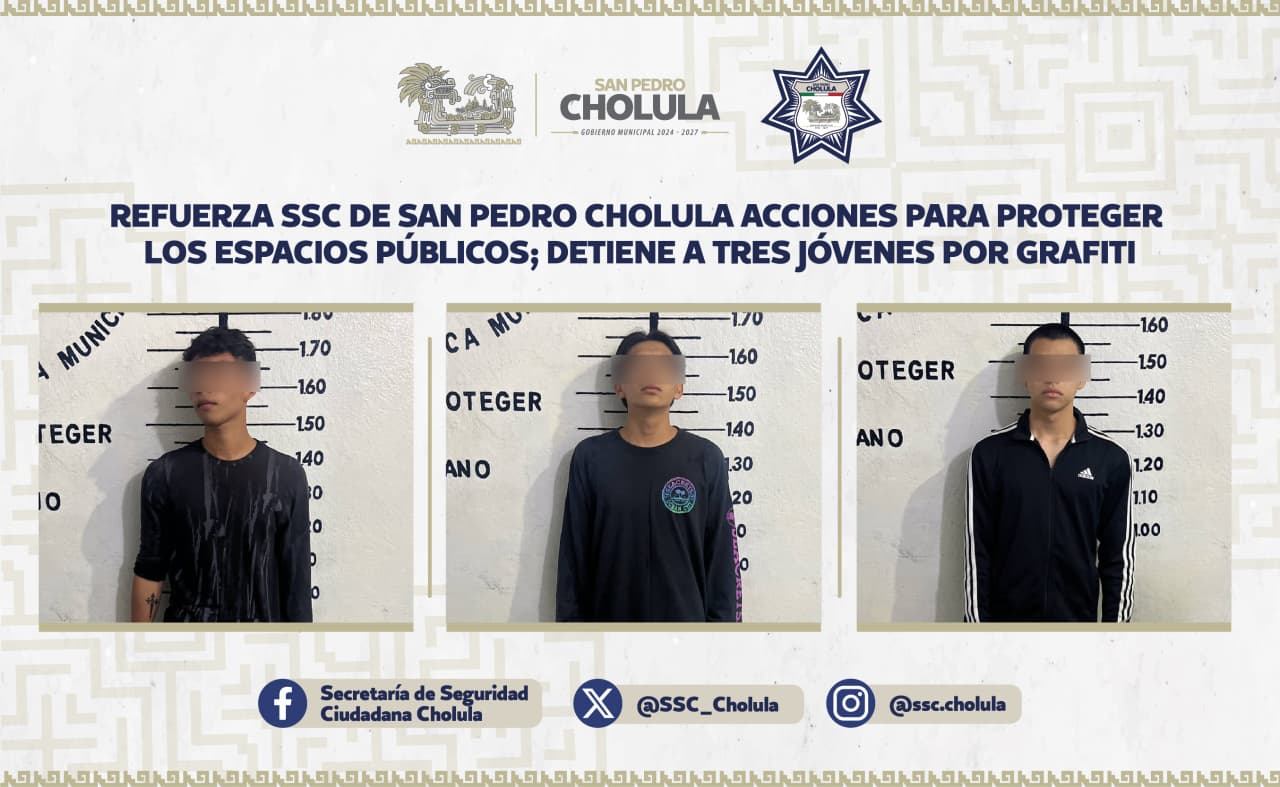 Refuerza SSC de San Pedro Cholula acciones para proteger los espacios públicos; detiene a tres jóvenes por grafiti