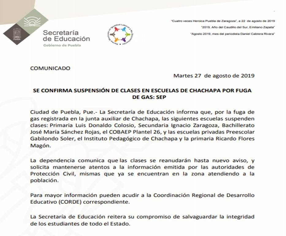Tras fuga de gas LP suspenden clases en Chachapa: SEP