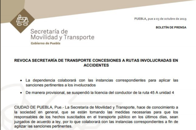 Secretaría de Transporte revoca concesiones a rutas involucradas en accidentes