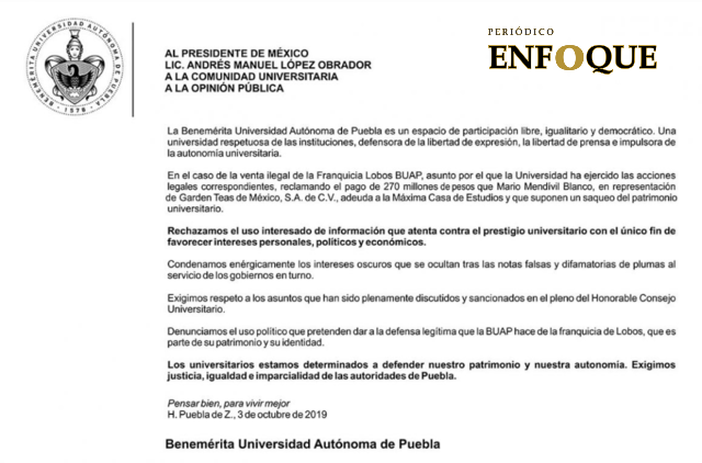 BUAP demanda imparcialidad a AMLO y gobierno en turno por caso Lobos