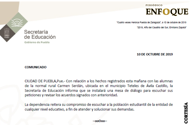 Mantendrá SEP Estatal diálogo con alumnas de la escuela normal rural “Carmen Serdán”