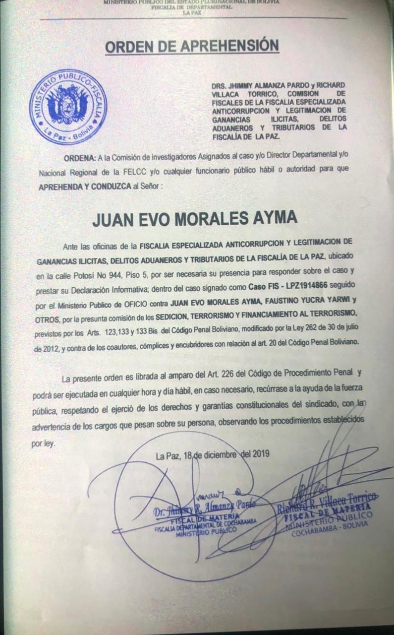 Gobierno de Bolivia gira orden de captura contra Evo Morales