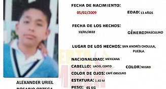 Se solicita de su apoyo para localizar a Uriel Rosario, de 13 años, visto por última vez en San Andrés Cholula