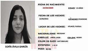 Se solicita de su apoyo para localizar a Sofía Ávila, de 13 años, vista por última vez en Atlixco