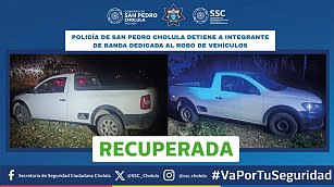 Policía de San Pedro Cholula detiene a integrante de banda dedicada al robo de vehículos