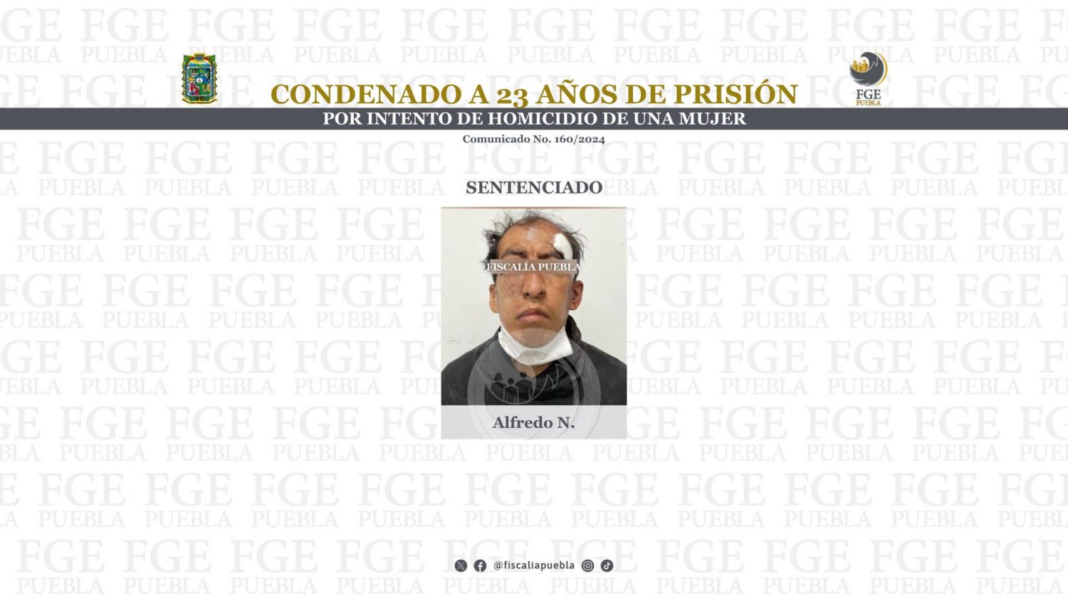 Fiscalía de Puebla logra 23 años de prisión para Alfredo N. por intento de homicidio