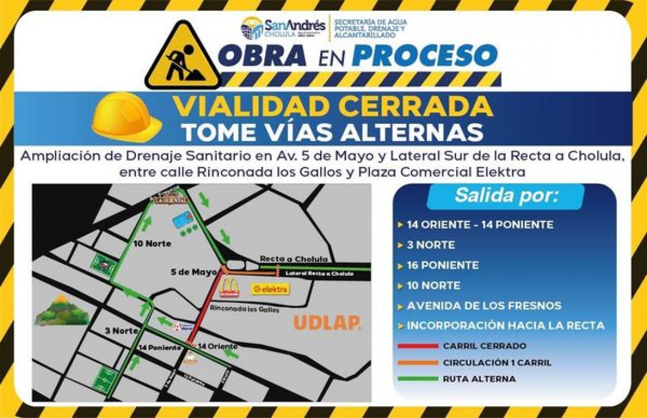 Cambia circulación de calles en San Andrés Cholula: Ampliación de drenaje sanitario 