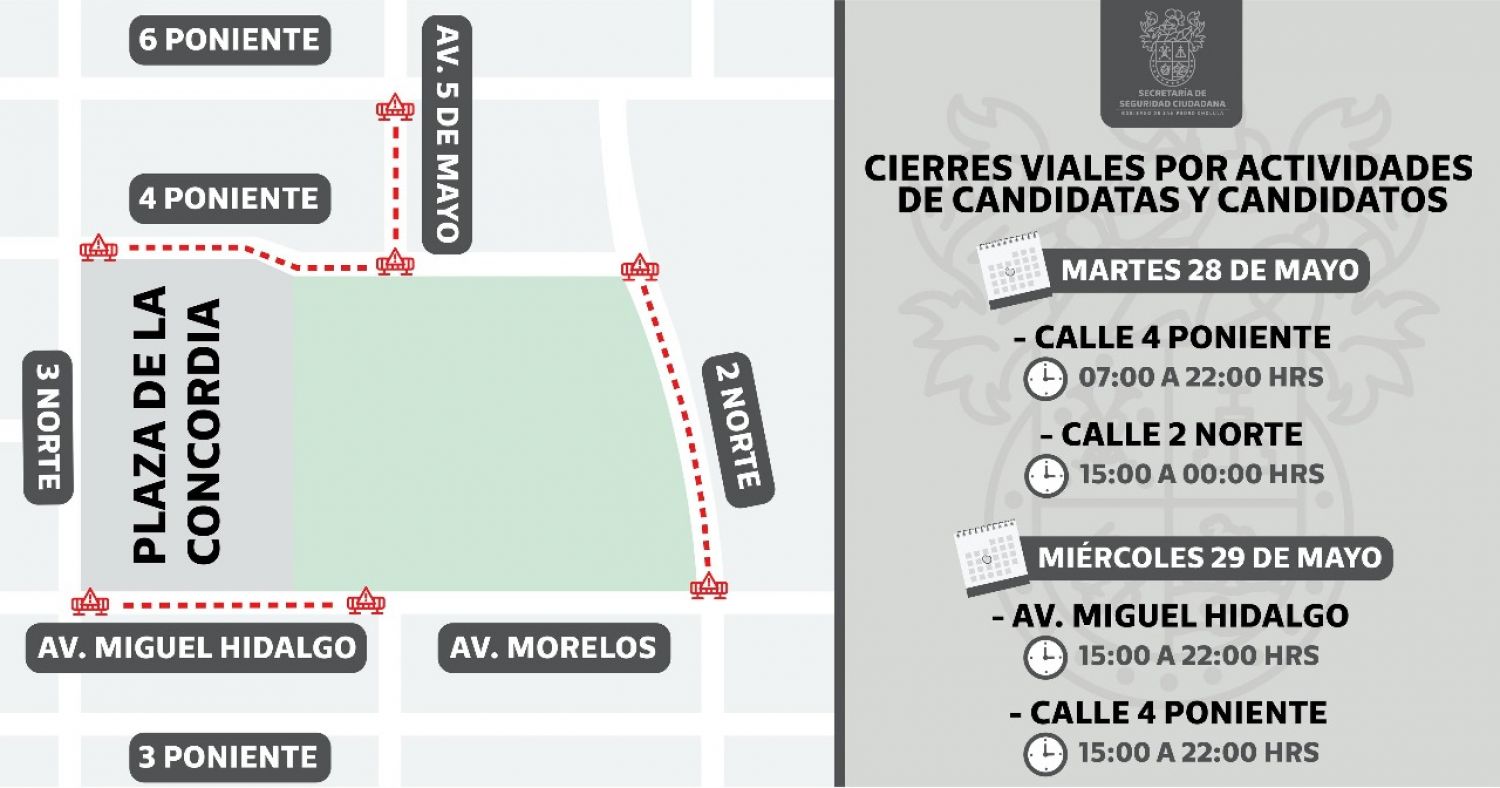 Se implementarán cierres viales durante 28 y 29 de mayo en cabecera municipal de San Pedro Cholula