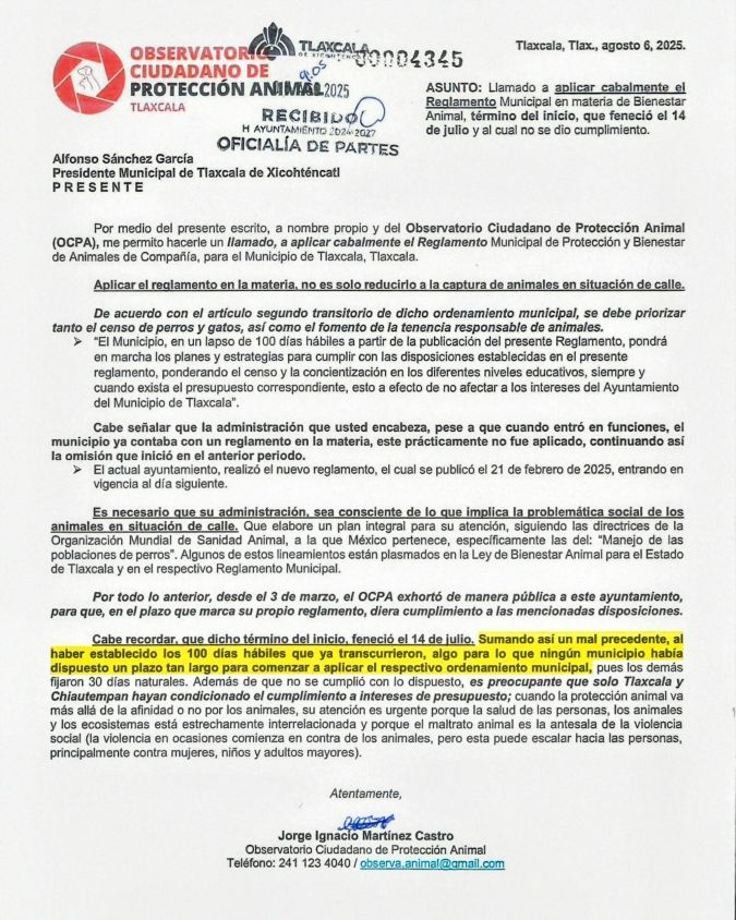 OCPA exige a Tlaxcala cumplir reglamento de protección animal vigente