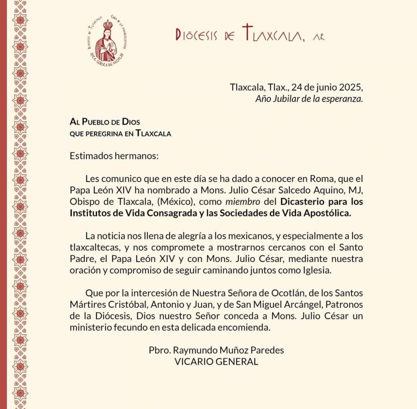 Tlaxcala es llamado al Vaticano: Obispo recibe nombramiento de Papa León XIV