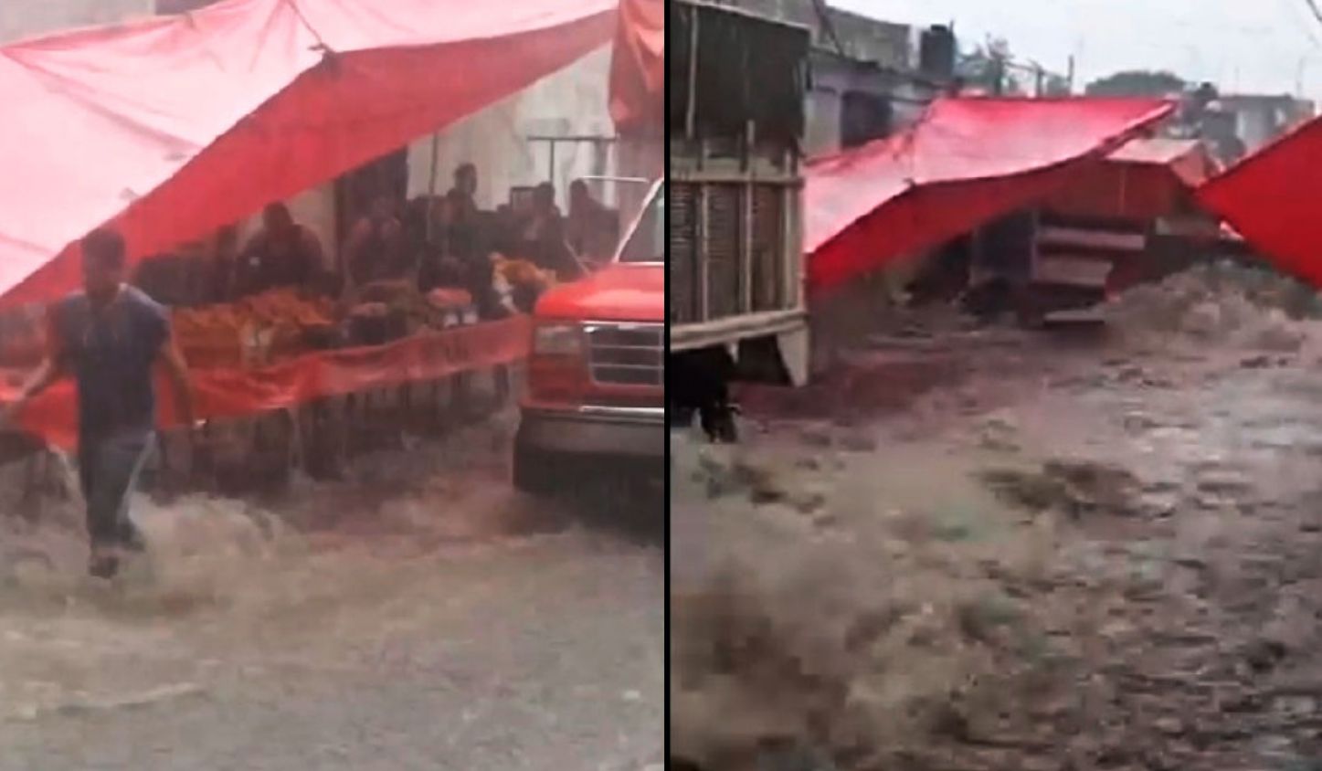 Torrente por aguacero en Tlalnepantla arrasa con tianguis y se lleva a vendedores