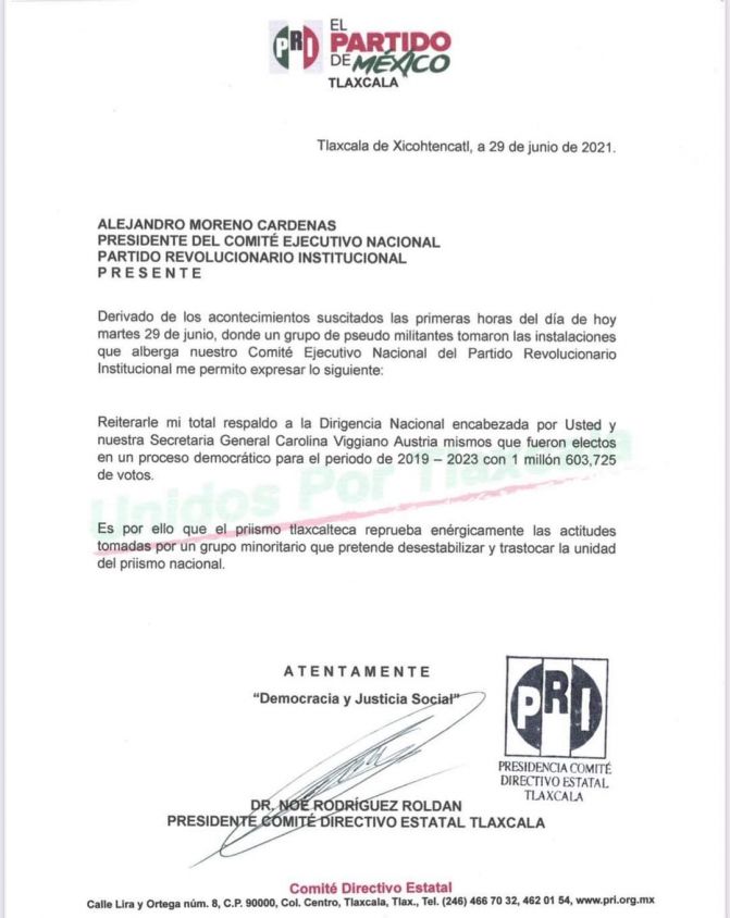 En Tlaxcala, PRI respalda a presidente nacional tras toma del CEN
