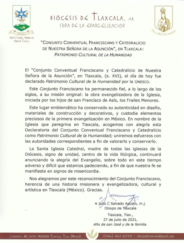 Va Diócesis de Tlaxcala por valoración y preservación de Ex convento de San Francisco 
