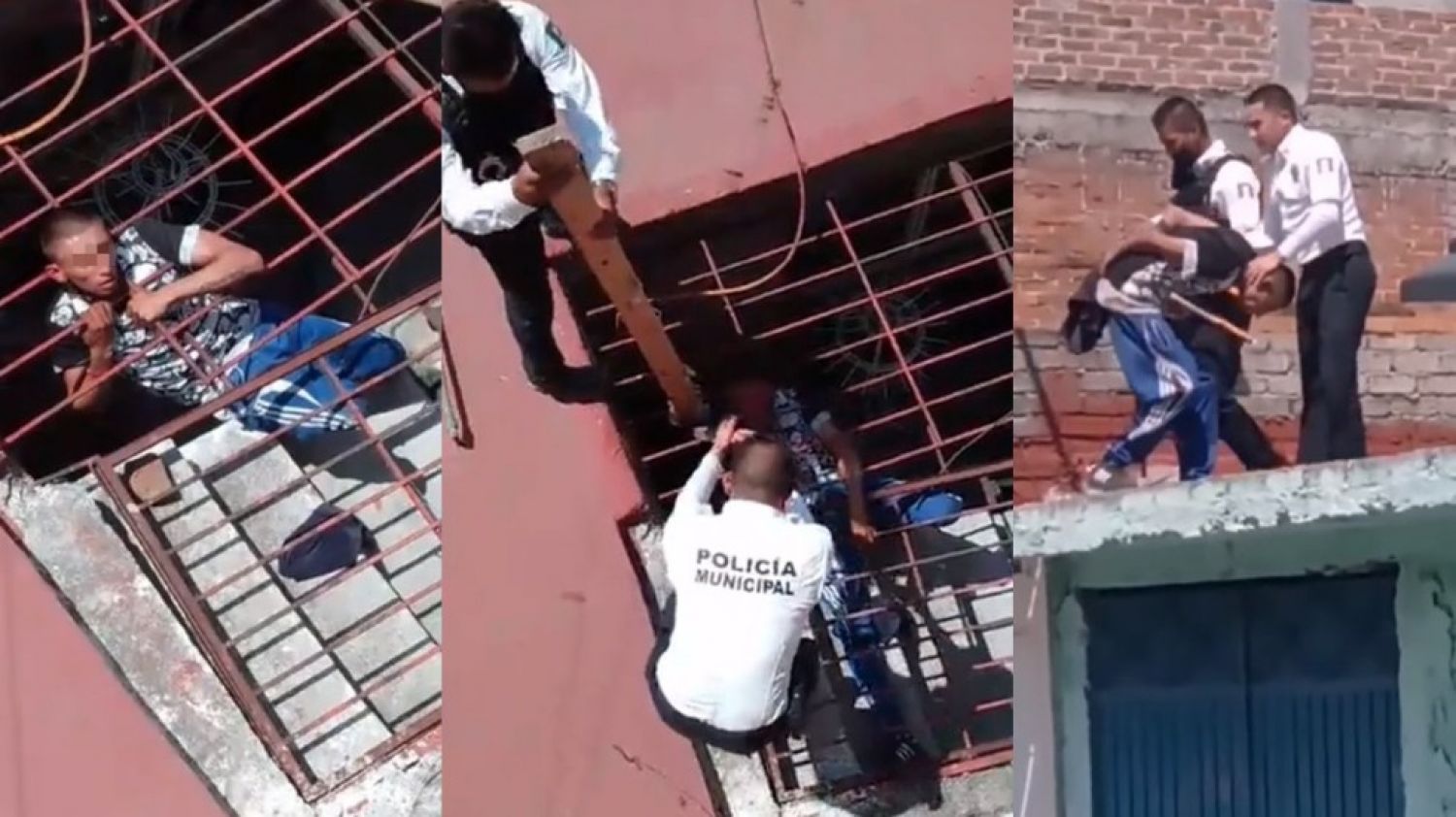 Ladrón queda atorado al intentar robar una casa y policías lo rescatan. (VIDEO)