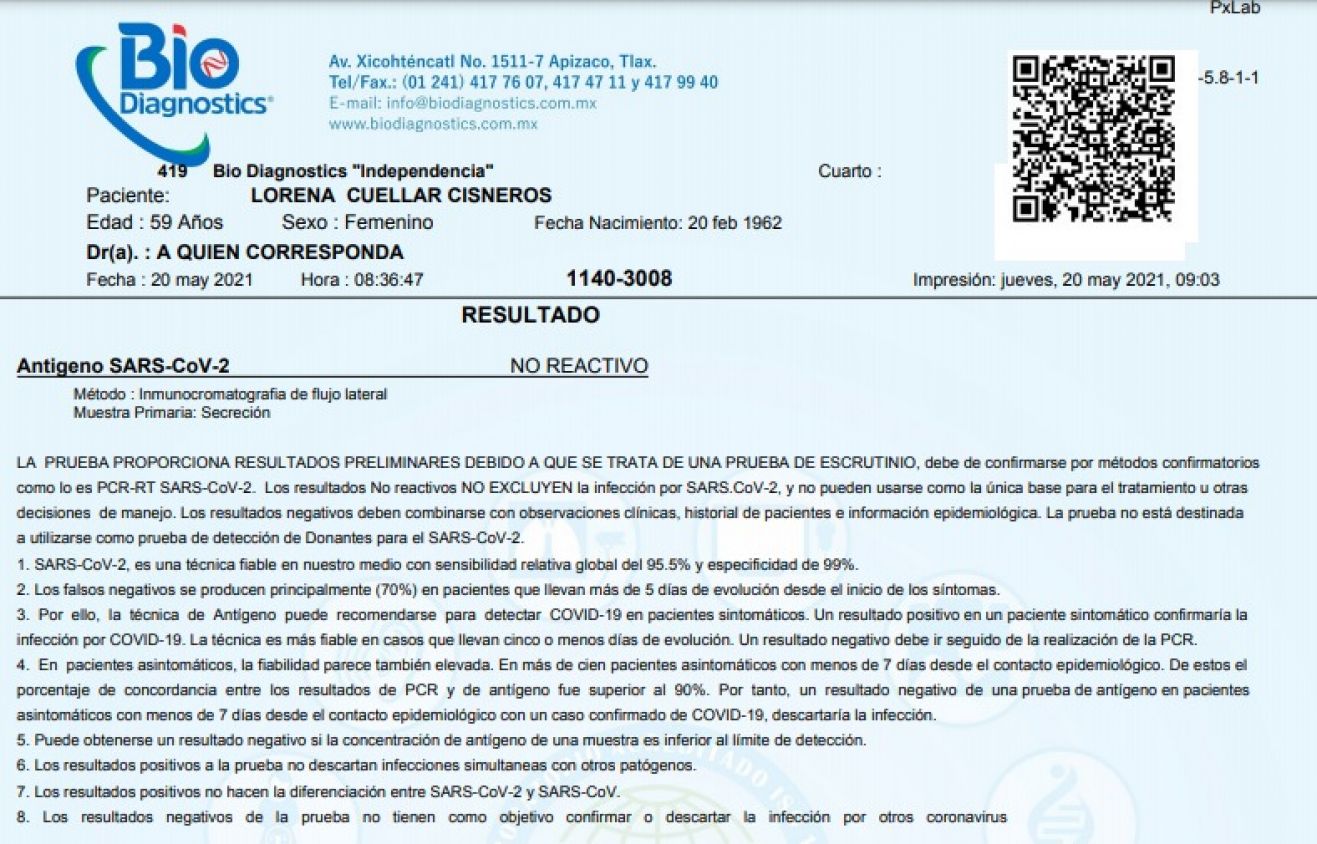 Lorena Cuéllar, negativo a COVID tras análisis clínicos