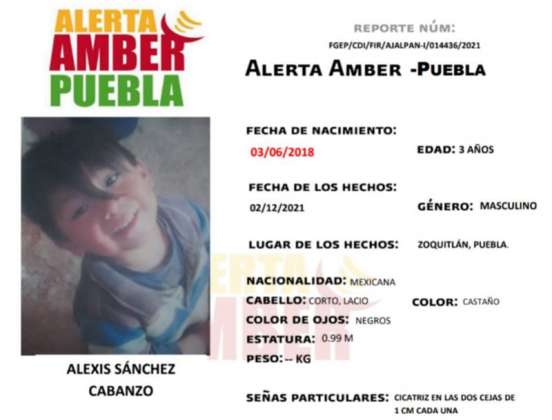 Alerta Amber: Se busca a Alexis Sánchez de 3 años, fue robado en Zoquitlán