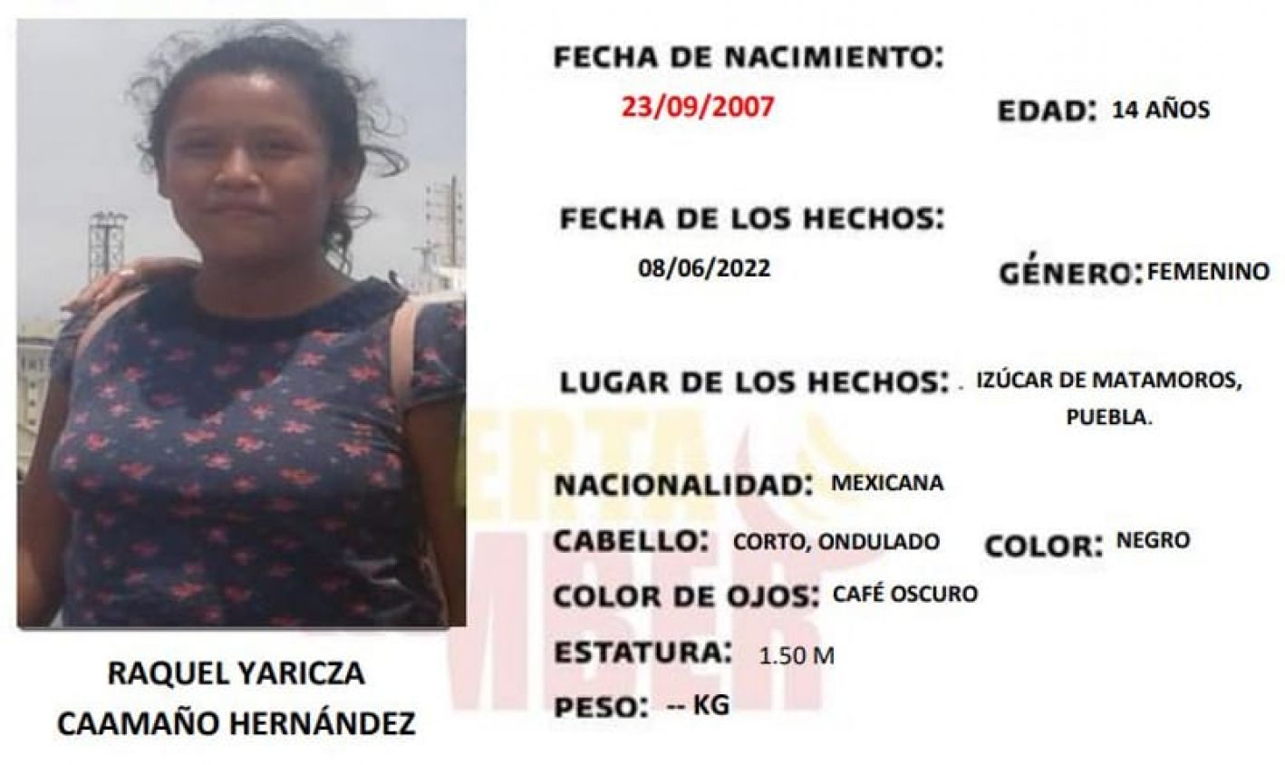 Se solicita de su apoyo para localizar a Raquel Caamaño, vista por última vez en Izucar de Matamoros
