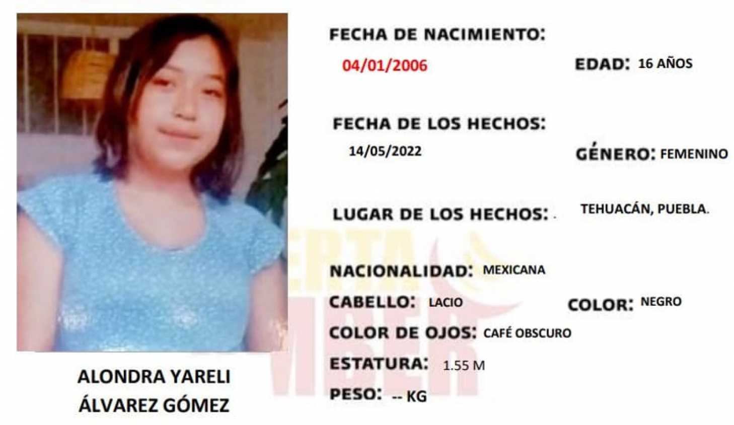 Ayúdanos a localizar a Yareli Alondra de 16 años, vista por última vez en Tehuacán