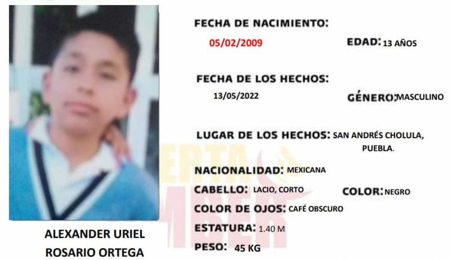 Se solicita de su apoyo para localizar a Uriel Rosario, de 13 años, visto por última vez en San Andrés Cholula
