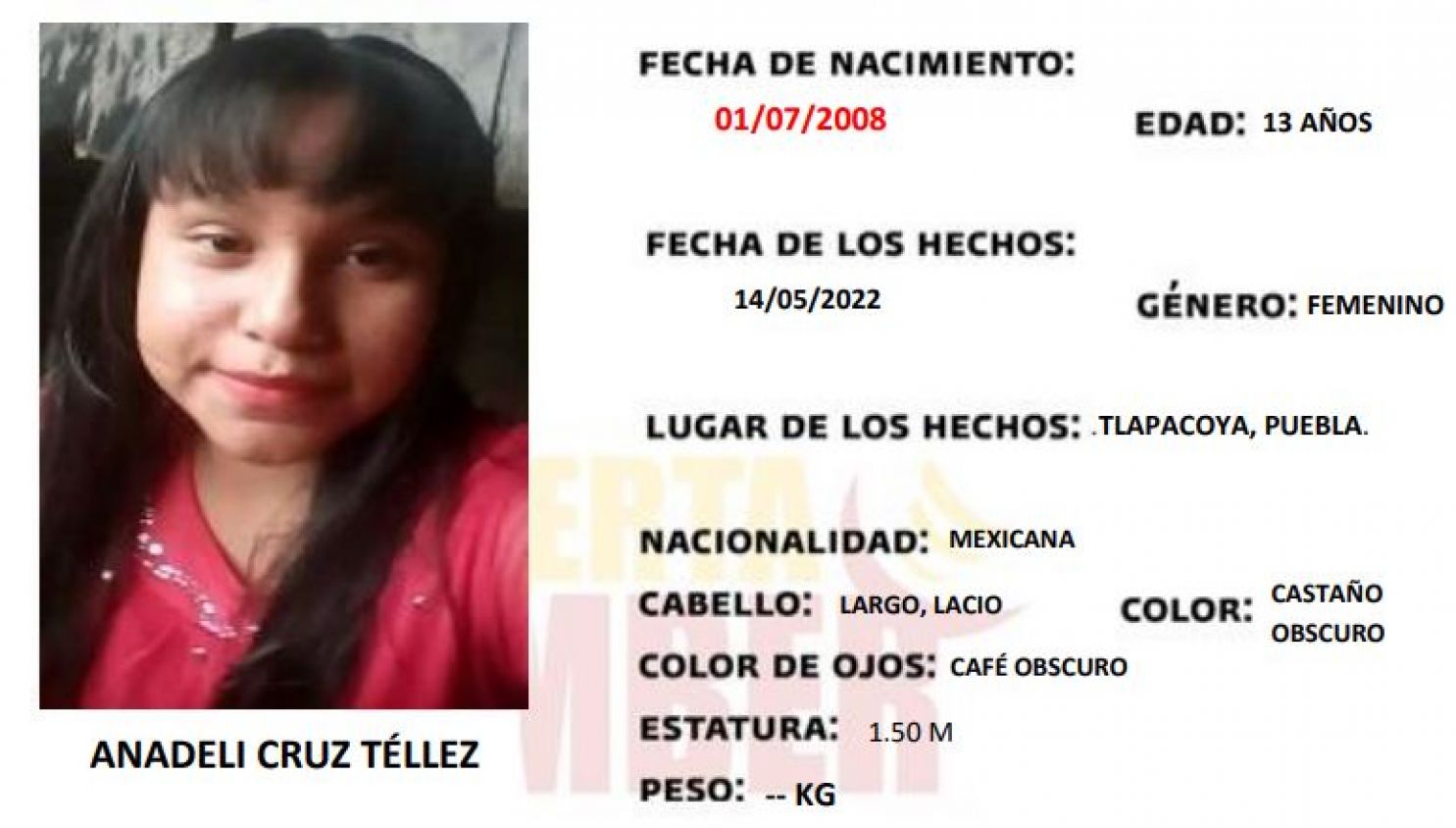 Anadeli Cruz fue vista por última vez en Tlapacoya, ayuda a que regrese con bien a casa