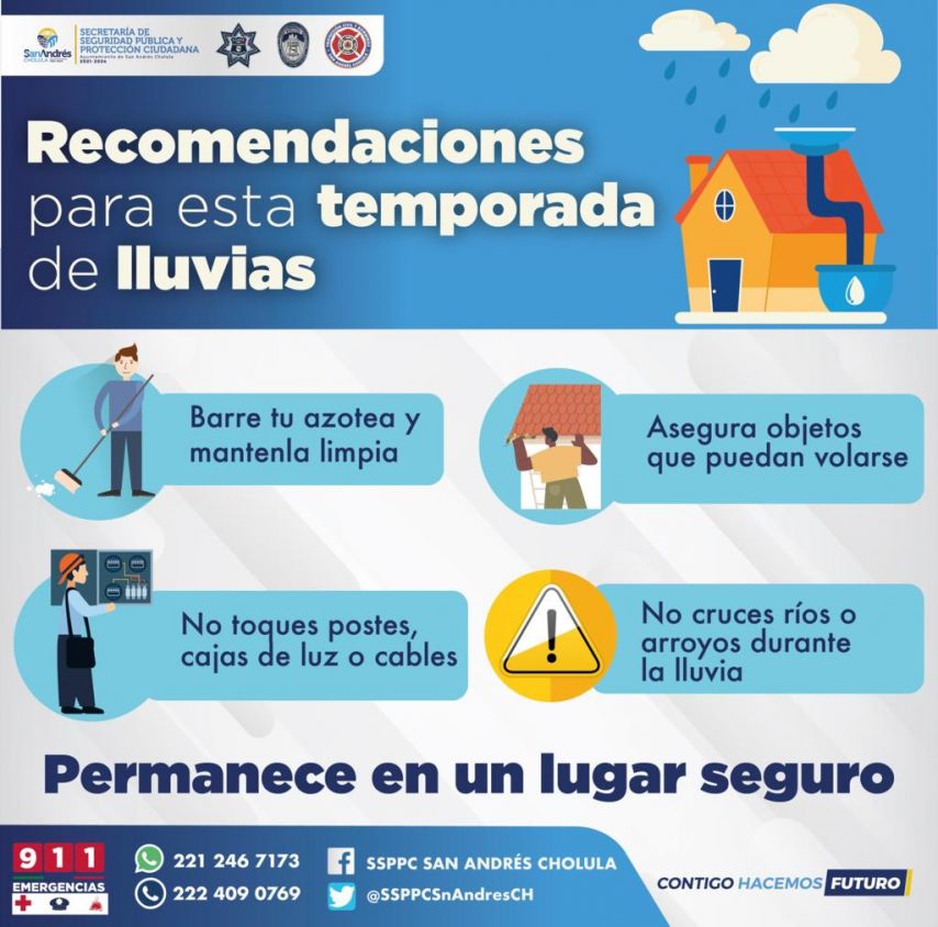 Emite Protección Civil de San Andrés Cholula recomendaciones por temporada de lluvias 