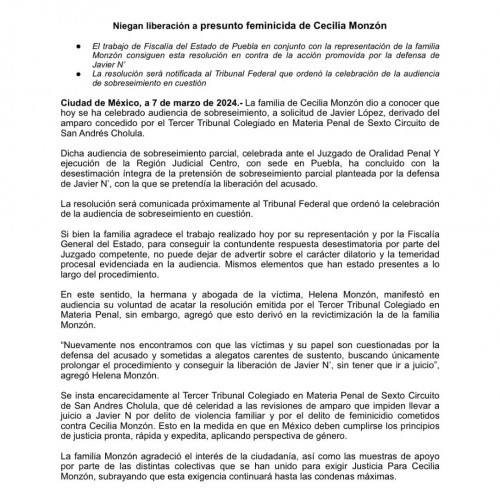 Niegan liberación a presunto feminicida de Cecilia Monzón 