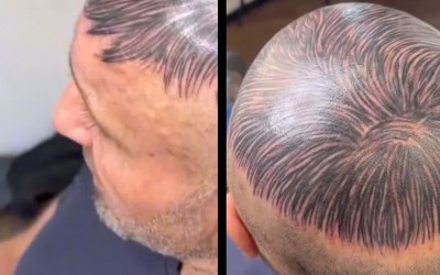 Hombre se tatúa la cabeza para ocultar su calvicie; sale mal y se hace viral (Vídeo)